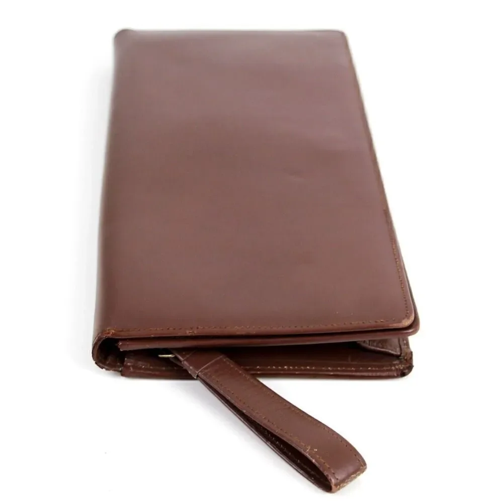 Vintage BROWN GENUINE LEATHER FLAP LONG CLUTCH WALLET ORGANIZER WRISTLET PURSE